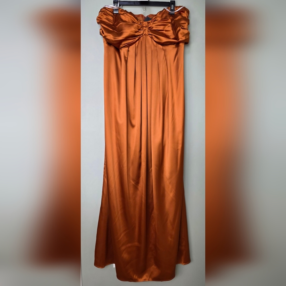 Lulus 2X Memorable Entrance Rust Orange Strapless Satin Maxi Dress, Size 2X - Picture 6 of 11